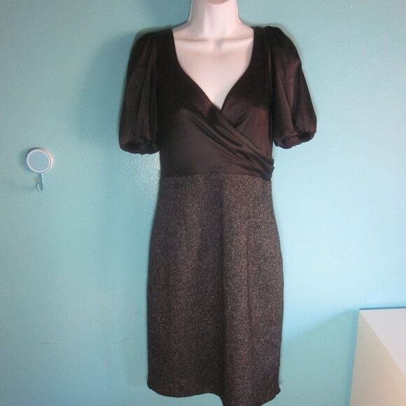 Rebecca Taylor Dress Brown Satin Top with Tweedy Skirt Bottom Size M - Picture 1 of 13